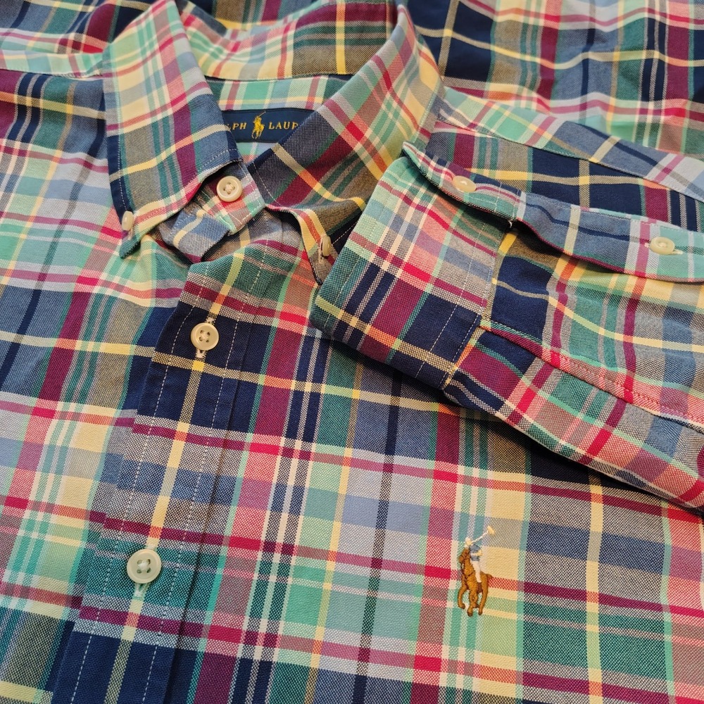 Ralph Lauren Mens Large Plaid Button Down Shirt Multi Color Long Sleeve Pony‎